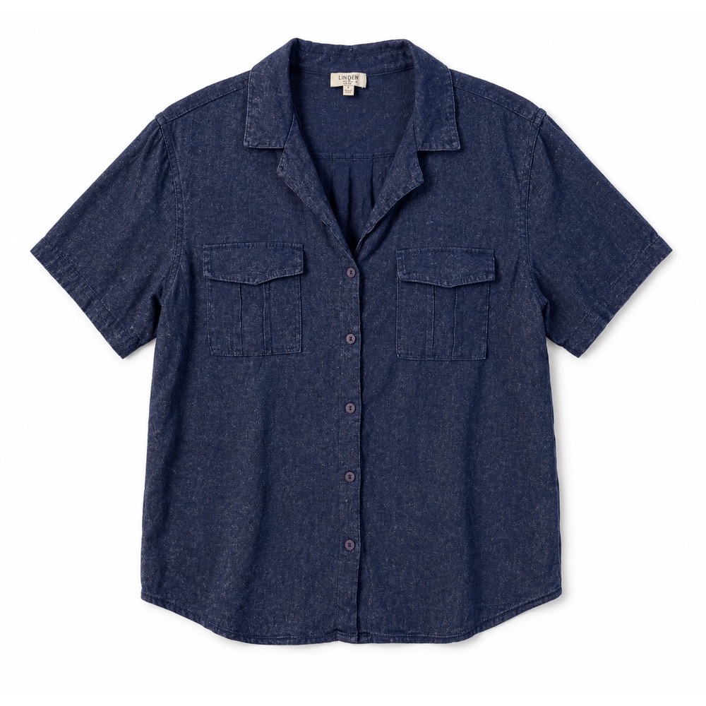 Umgee USA Linen Blend Button Front Utility Shirt Womens L Blue Short Sleeve Top
